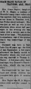 Davis County Clipper Obituary for Grace Millicent Major who died in Thatcher. Arizona. The wife of Thomas George Naylor