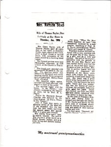 Newspaper Article, mrs. Naylor Dead,  Wife of Thomas Naylor, Deis suddenly at her home in Thatcher, January 19th.