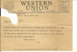 Western Union telegram about the death of Cornetta Nielsen, 