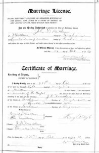 Marriage licenses and certificate for Cornetta Nielsen and John Daniel Matthews.